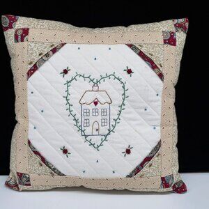 Handmade Throw Pillow Quilted Beaded Embroidered House & Heart Design 10" Square
